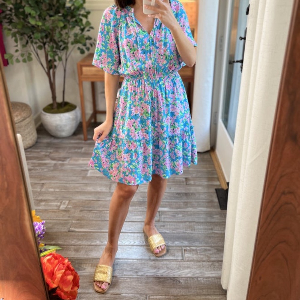 BRAND NEW Short Sleeve Blue Dress with Pink Flowers
